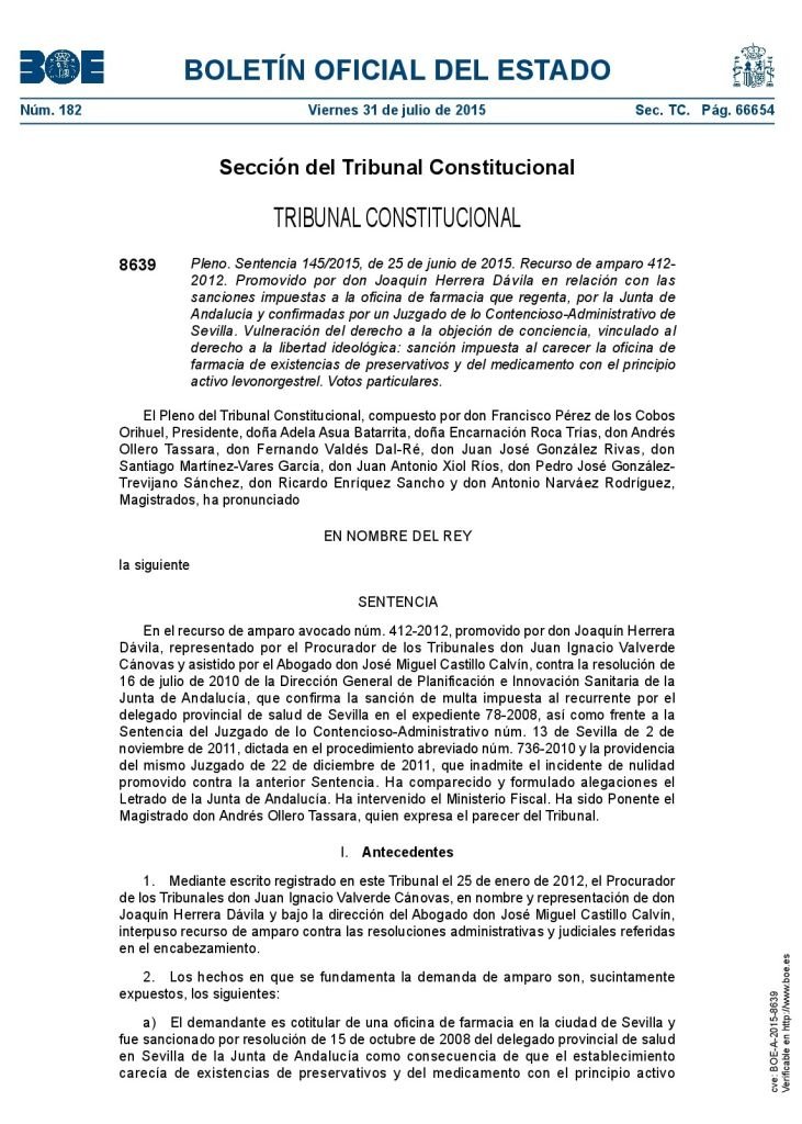 sentncia tribunal constitucional objeción de conciencia farmacéutica